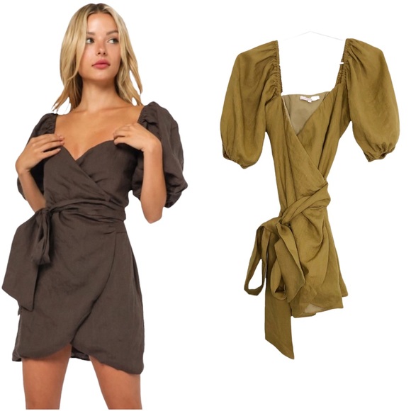 Olivaceous Dresses & Skirts - Olivaceous Puff Sleeve Mini Dress Wrap Sweetheart Neckline